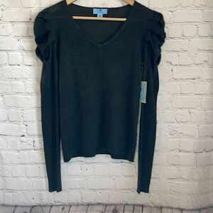 CeCe Women’s Green Sparkle Long Sleeve Puff Sleeves Top size xs